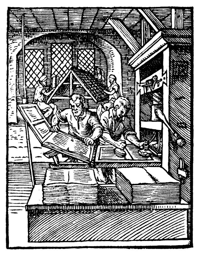 Early wooden printing press, depicted in 1568. Such presses could produce up to 240 impressions per hour. *Image from Wikipedia.