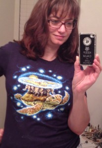 Me in my favorite t-shirt: starry, starry Discworld.