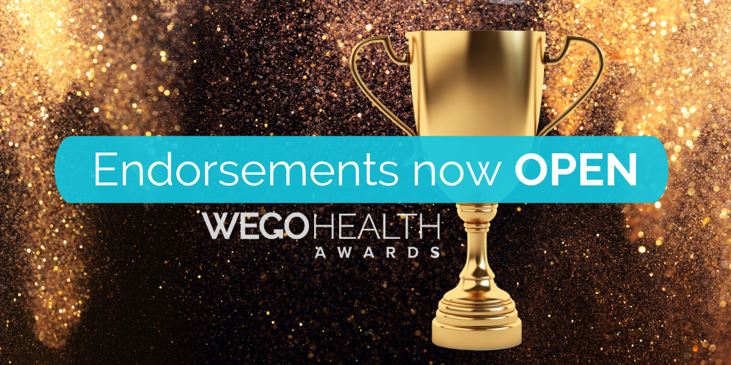 Image with sparkles and a gold trophy on the left. Endorsements now open is written in a blue banner. The WEGO Health Awards logo is next to the tropy.