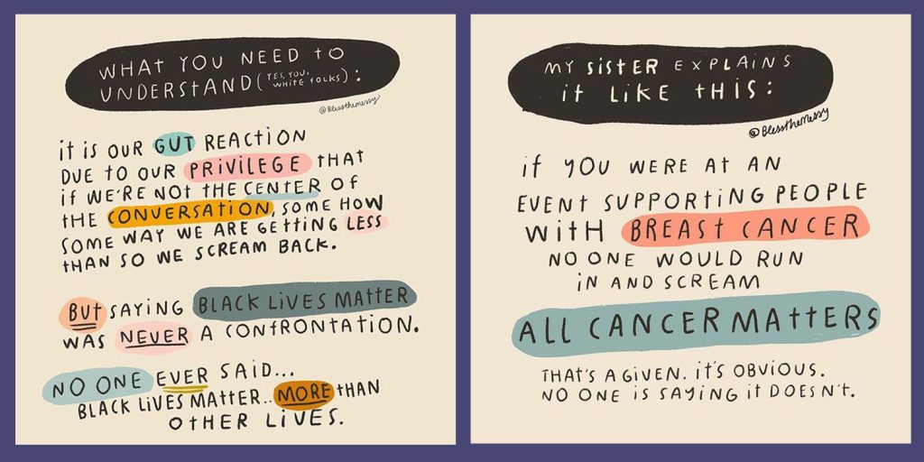 Handwritten words on a light tan background, with various words in different colors. Two panels. First panel says What you need to understand, yes, you, white folks: it is our gut reaction due to our privilege that if we're not the center of conversation, some how some way we are getting less thanso we scream back. But saying Black Lives Matter was never a confrontation. No one ever said Black Lives Matter More than other lives. Second panel says: My sister explains it like this: if you were at an event supporting people with breast cancer, no one would run in and scream All Cancer Matters. That's a given. It's obvious. No is saying it doesn't.