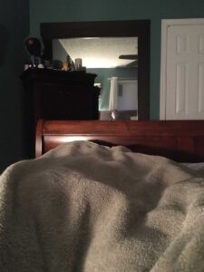 Foreground of photo shows a green blanket spread out on a bed. In the middle is the cherry-colored wood footboard of the bed. Back of the photo is a tall, dark dresser in front of a large, wall-size mirror. In it is the reflection of the bed’s headboard, a small white face, a green wall, and a window covered with blinds. There is also a white closet door.