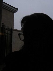 Black silhouette of a person wearing glasses takes up most of the right of the photo. The left has a black iron gate against a stucco wall. Behind that is a house wall and a roof. The sky behind is grey. There are water drops on the window