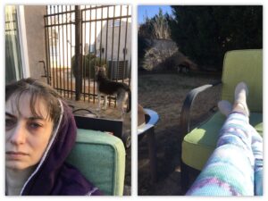 Two photos side by side. Left photo: bottom left has a white female with dark hair sitting in a green patio chair. She is wearing a purple hoodie over her hair, and looks very tired. Behind her is an iron gate, and a black, brown, and white dog staring out the gate at the house next door. The right photo is of a pair of crossed legs in blue, pink, and green leggings; the feet, clad in grey socks, rest on the green pillow of a patio chair. To the immediate left of the chair is a round, metal firepit. In the background is a mostly brown lawn, with a wall of green trees. 