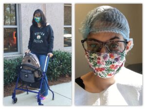 Two photos side by side. Left photo: white female standing on a sidewalk outside a building. Windows on either side of her are reflecting cars in the parking lot. She is wearing a blue and yellow mask, glasses, a grey Boston Celtics sweatshirt, blue jeans, and multi-colored sneakers. She is holding the handles of a blue rollator. A brown backpack with pins and buttons sits in the seat. Right photo: Same white female, but close up. She is wearing a blue hairnet and blue paper gown, and her blue glasses, along with another colorful mask. Her left eyebrow is lifted up. The background is a plain wall.