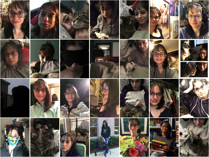 Collage of the 28 selfies I posted during the month’s challenge.