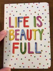 Cover of little notebook. In bold purple, blue, red, yellow and green letters, it says Life is Beauty Full.