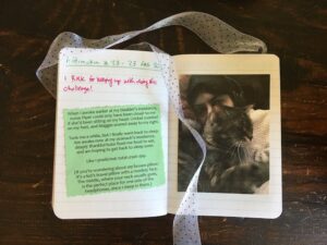 Left side of notebook has Affirmation #23 - 23 Feb 2021 written in green. Beneath that, written in pink, it says I ROCK for keeping up with doing this challenge. Printed on green paper is the entry I wrote for that day. Right side of notebook has a photo taped on the page. Foreground of photo shows a tabby cat whose head is partially blocking a white female face. The human is wearing black headphones, and her head is on a round, brown pillow. Her eye mask is on her forehead. She is covered by a white blanket.